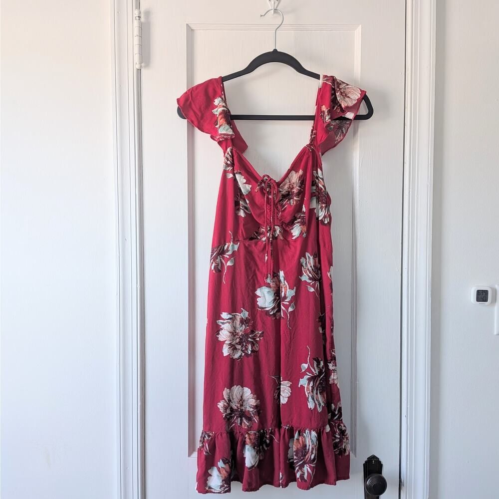 Maurices Red Floral Mini Sundress Sz L Ruffle Sleeve Beachy Date Night Smocked